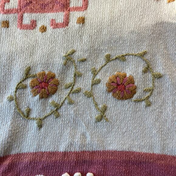 Vtg 80s 90s Pink White Floral Embroidered Knit Pullover Sz L Cottagecore - Picture 2 of 7